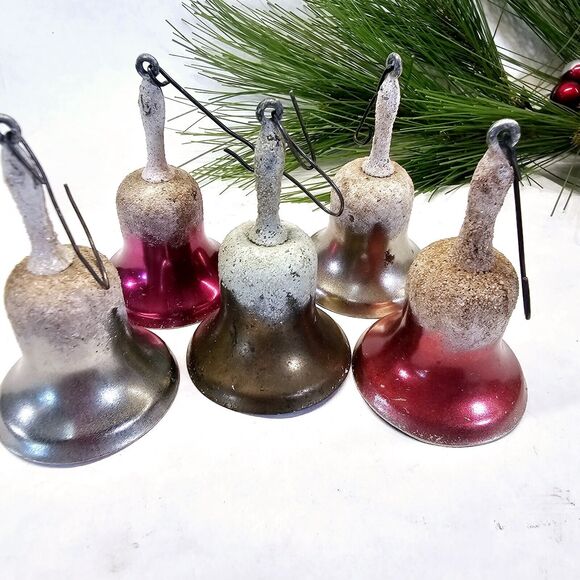 5 Vintage Glitter Snowy Metal Bells Christmas Tree Ornaments w/handle & clapper - Picture 8 of 11